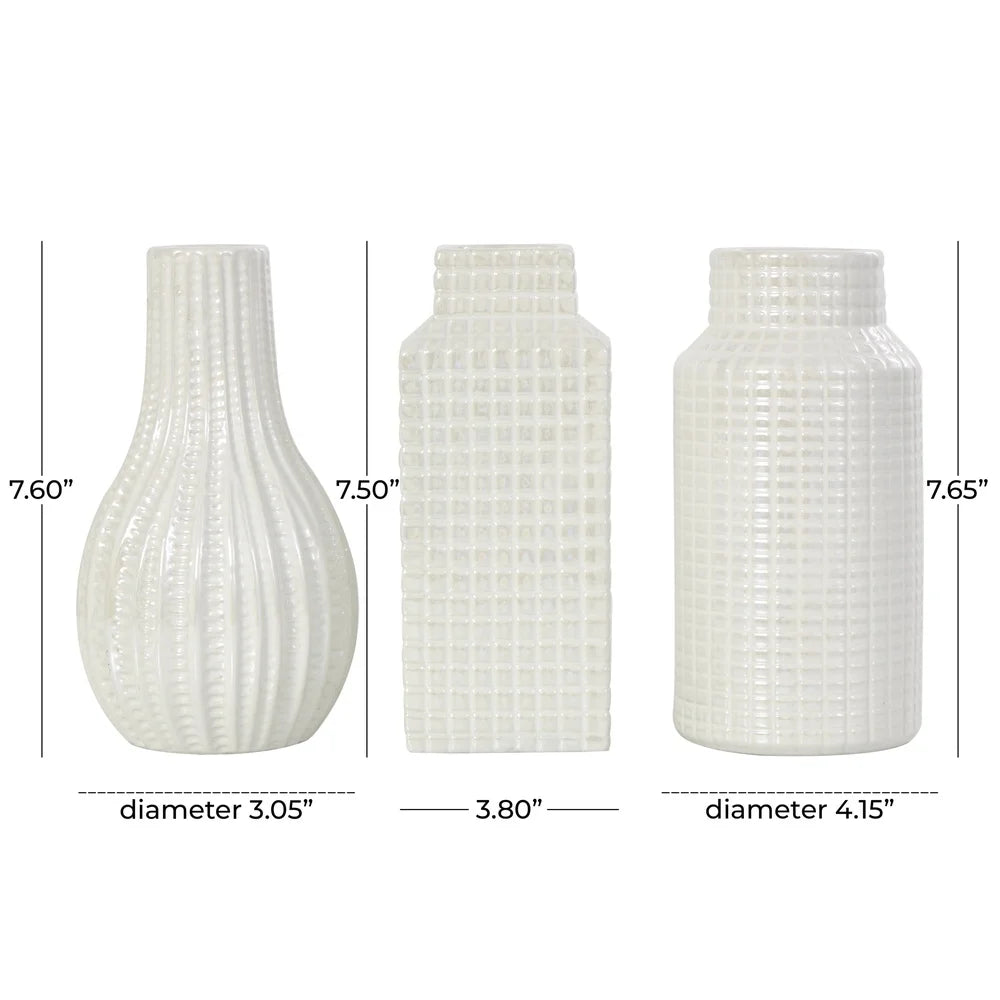 Geometric Textured Cream Ceramic Vase Set Modern Decorative Home Accent Indoor Use Unique Shapes Grid Patterns 3 Pack