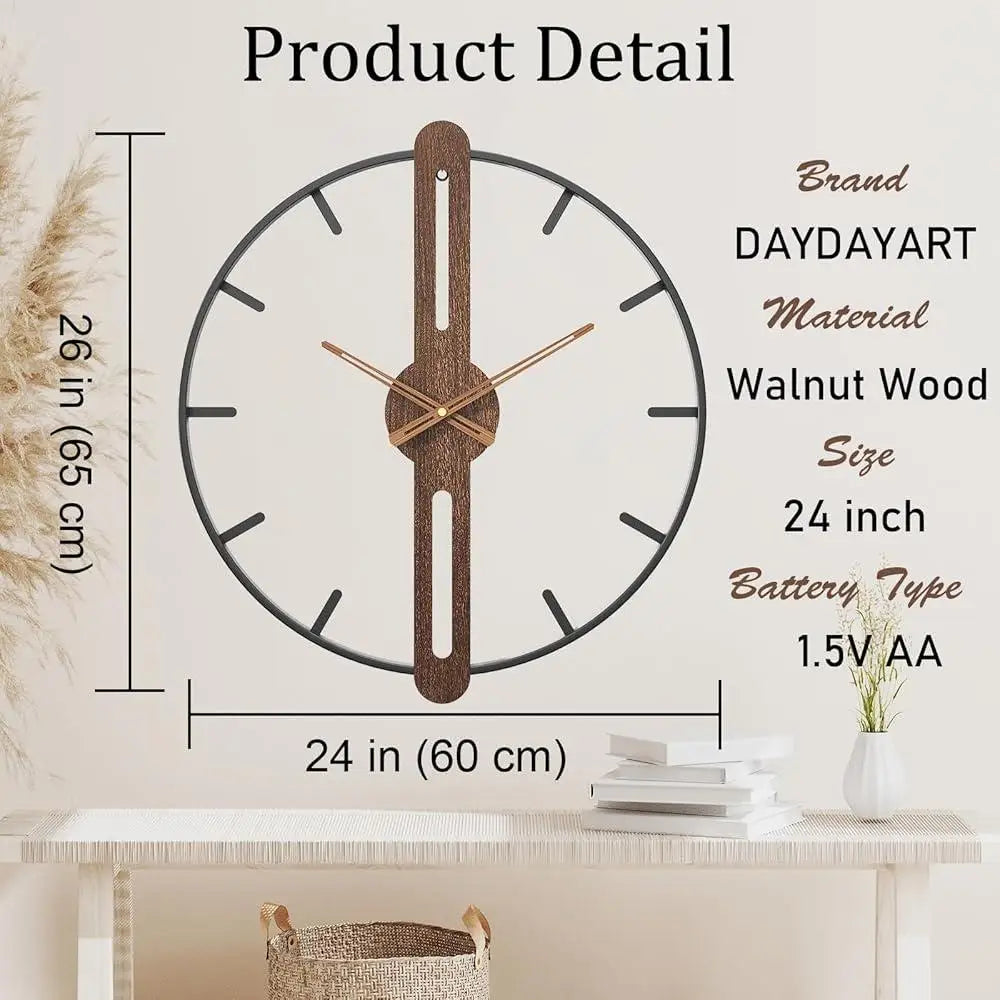 Modern Large Walnut Dial Wall Clock Silent Non Ticking Metal Frame Decorative Clock Living Room Bedroom Kitchen Study