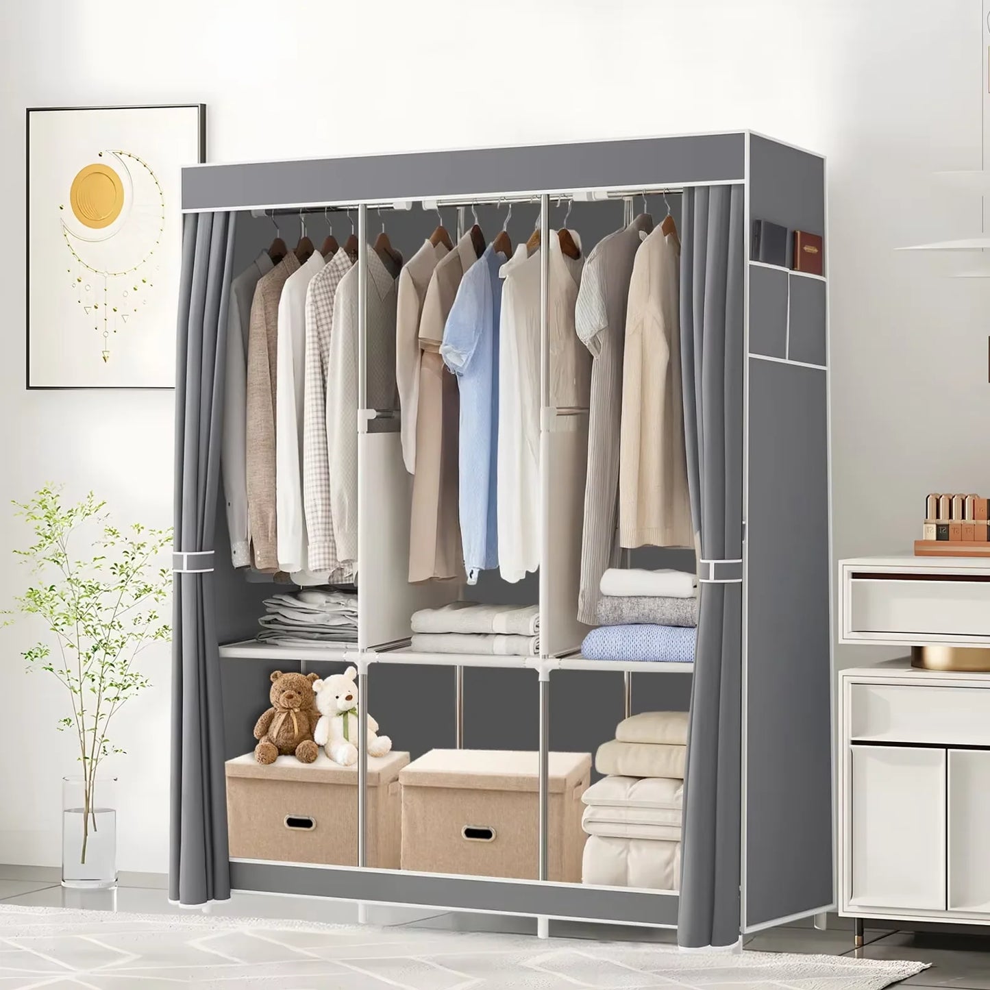 Space saving portable closet organizer, adjustable small space storage rack, easy to assemble, durable and versatile