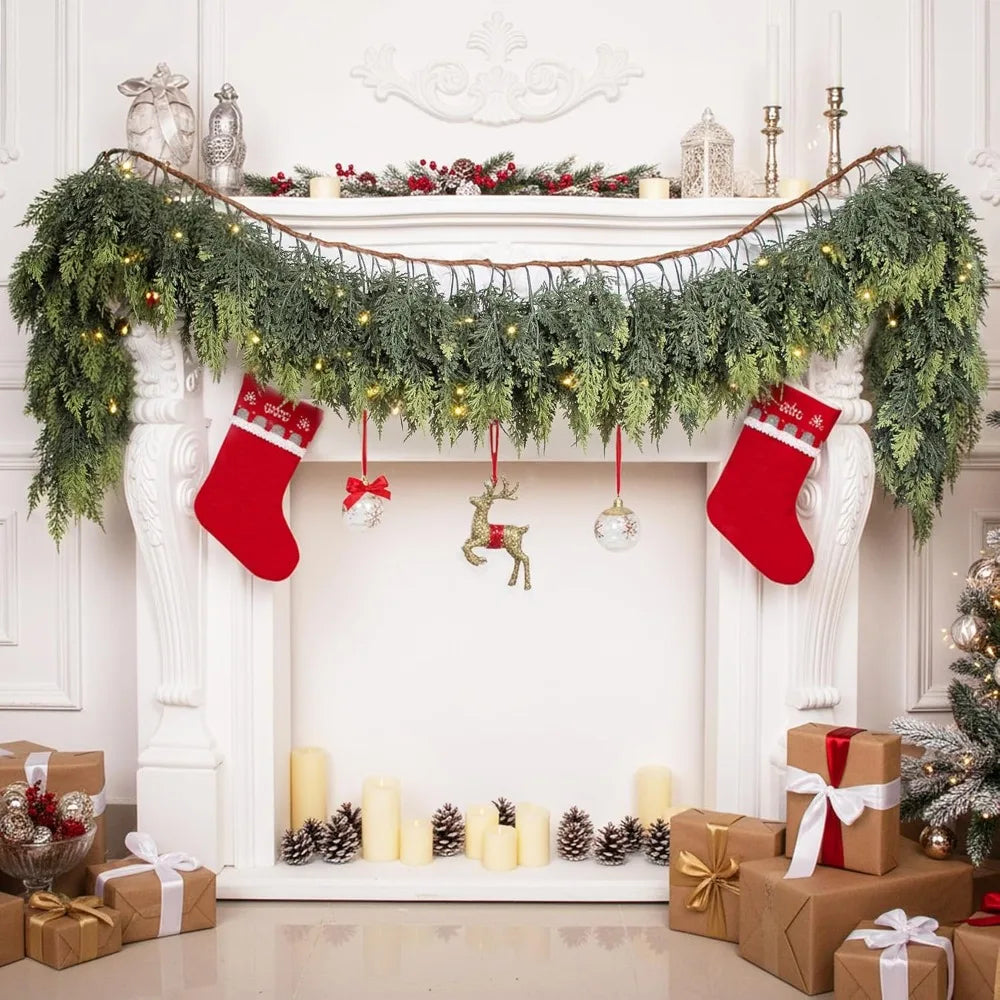 Thick and Soft Real-Touch Faux Cedar Pine Garland for Christmas, Ideal for Mantle, Fireplace, Porch, Outdoor Decorations
