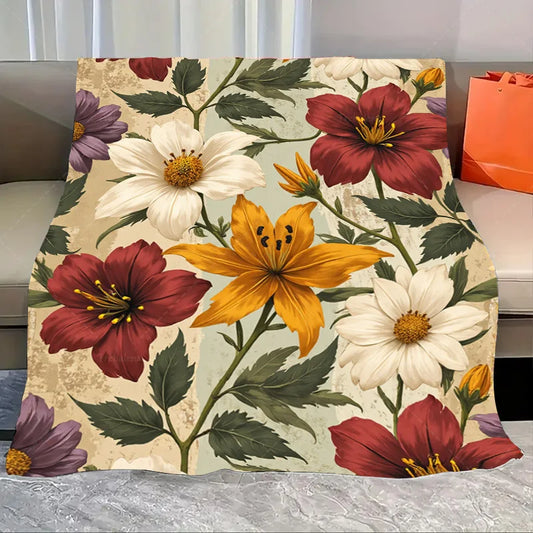 1pc Flannel Blanket Vintage Floral Print Throw Blanket for Cozy Home Decor