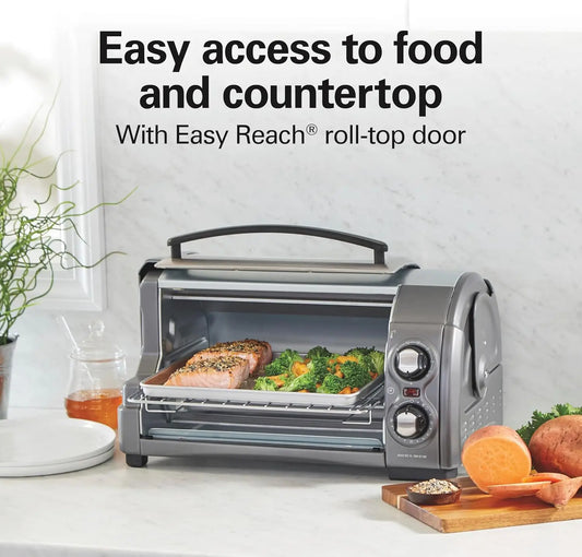 4-Slice Countertop Toaster Oven With Roll-Top Door, 1200 Watts, Fits 9” Pizza, 3 Cooking Functions for Bake