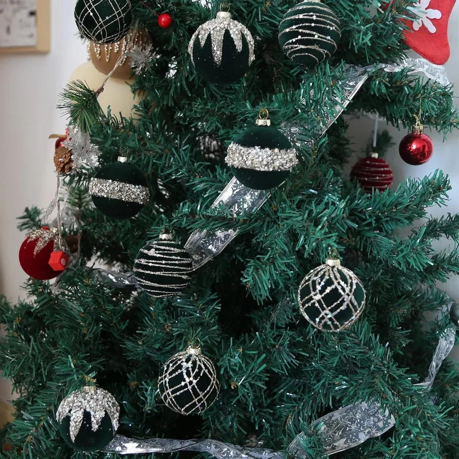 12pcs Velvet Christmas Balls Ornaments Set 2.36 Small Velvet Hanging Ball Green Glitter Christmas Ball Ornaments Flocked Balls