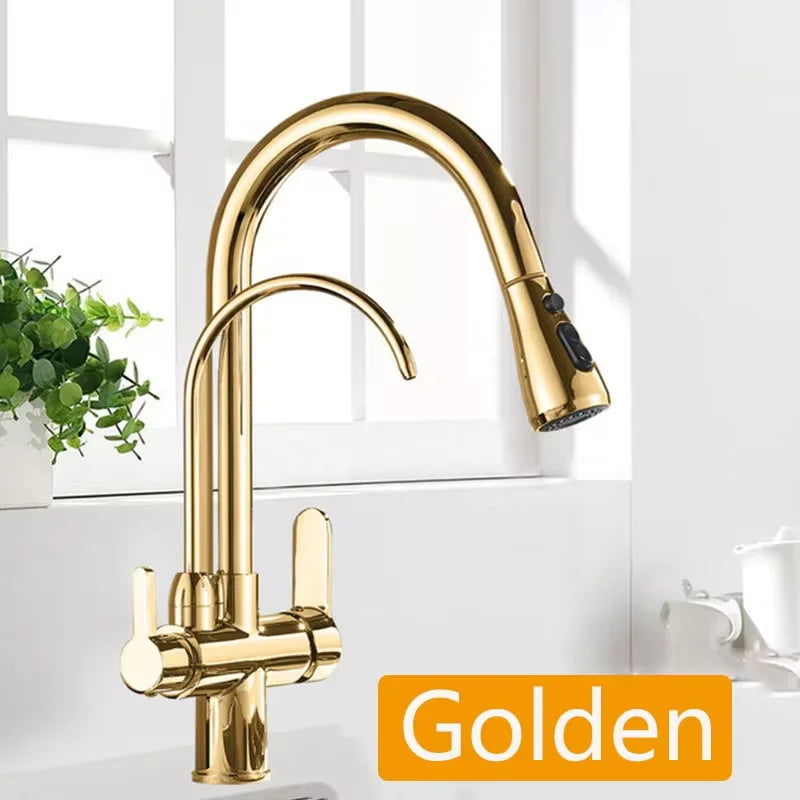 Filtered Crane For Kitchen Matte Black Pull Out Spray 360 Rotation Water Filter Tap Three Ways Sink Mixer Kitchen Faucet