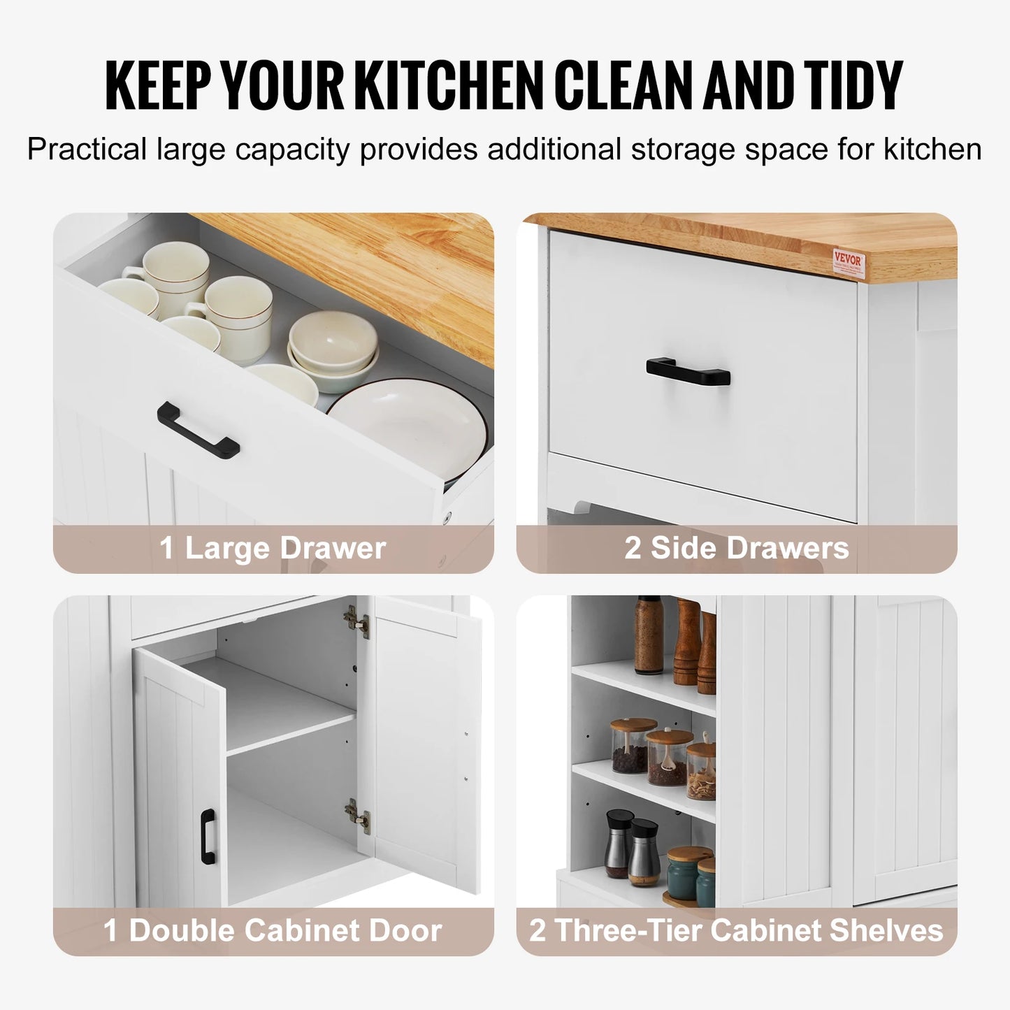 SucceBuy Kitchen Island Cart 46" Wood Top Breakfast Bar with Storage Cabinet Farmhouse Kitchen Table with Shelf Drawer