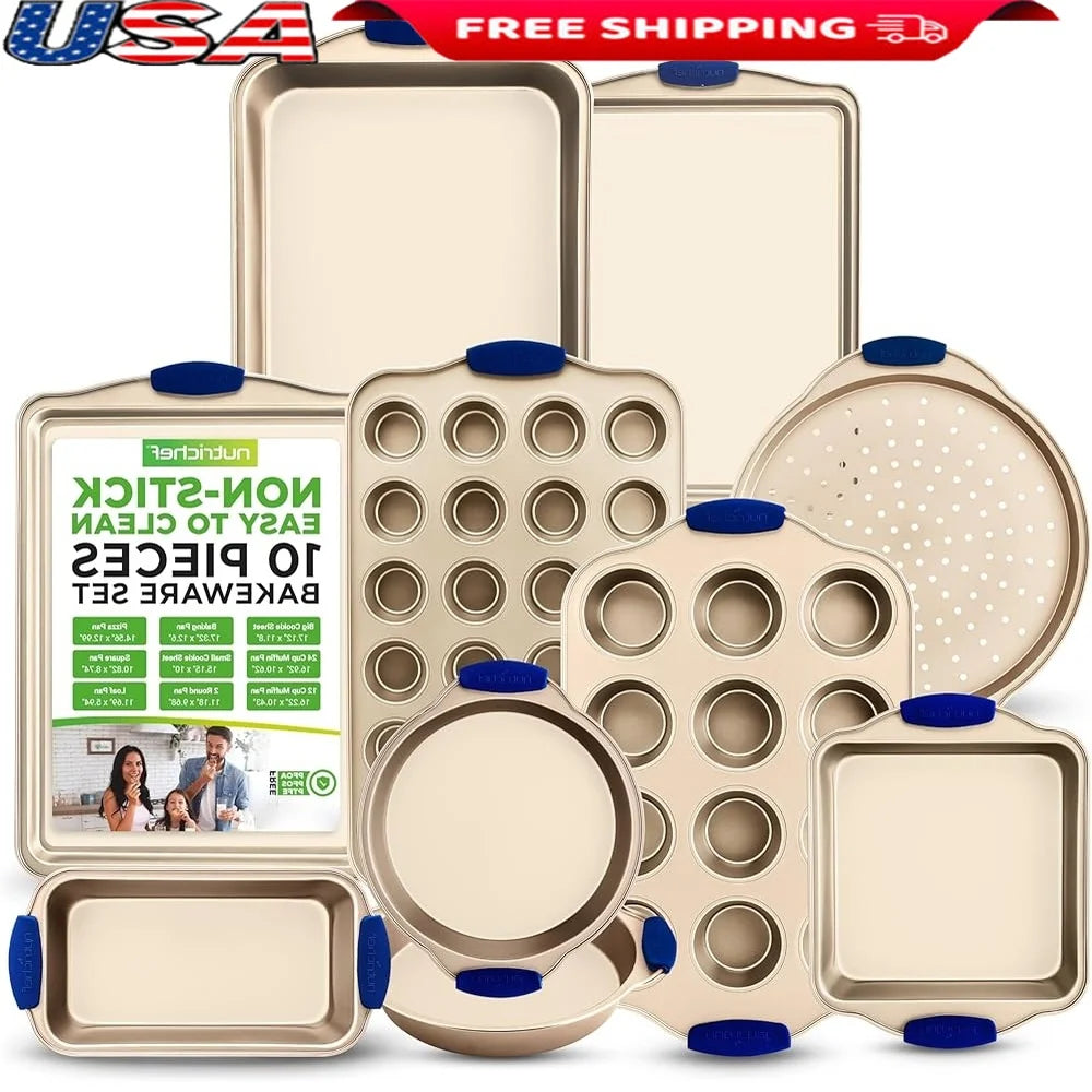 10-Piece Nonstick Bakeware Set Carbon Steel Baking Trays with Silicone Handles Pizza Crisper Loaf Muffin Pans Oven Safe