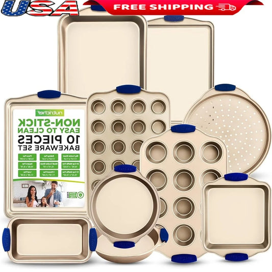 10-Piece Nonstick Bakeware Set Carbon Steel Baking Trays with Silicone Handles Pizza Crisper Loaf Muffin Pans Oven Safe