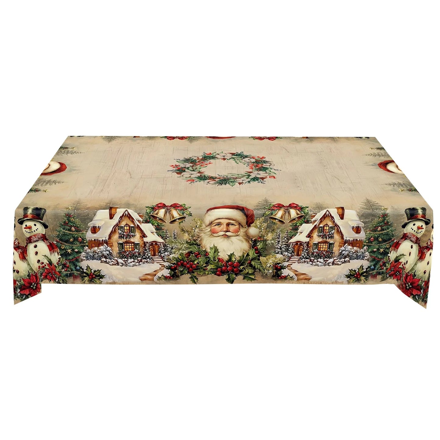 Short Plush Rectangular Tablecloth For Christmas Featuring Red Snowmen And Christmas Decorations Waterproof Christmas Tablecloth