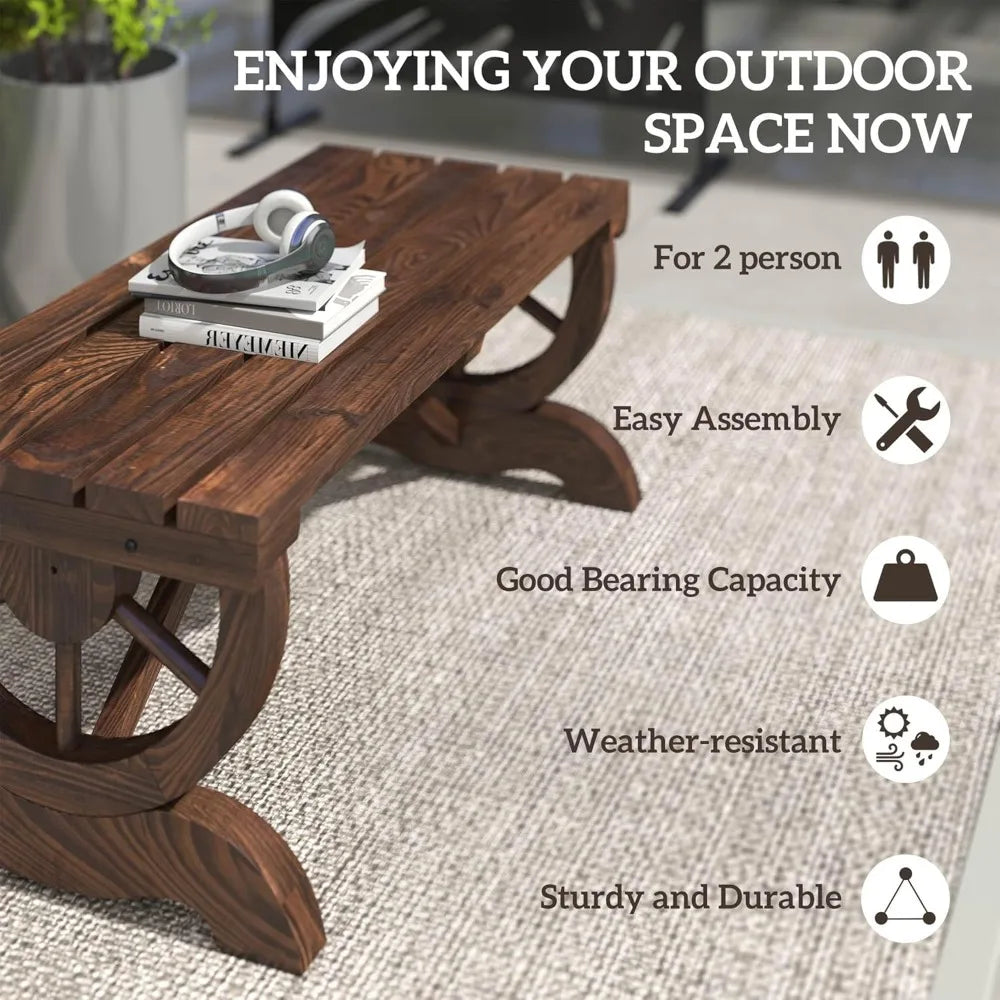 Outsunny 2-Person Wooden Garden Bench, Outdoor Wagon Wheel Porch Bench for Backyard Garden, Support 550 LBS, Rustic Country Styl