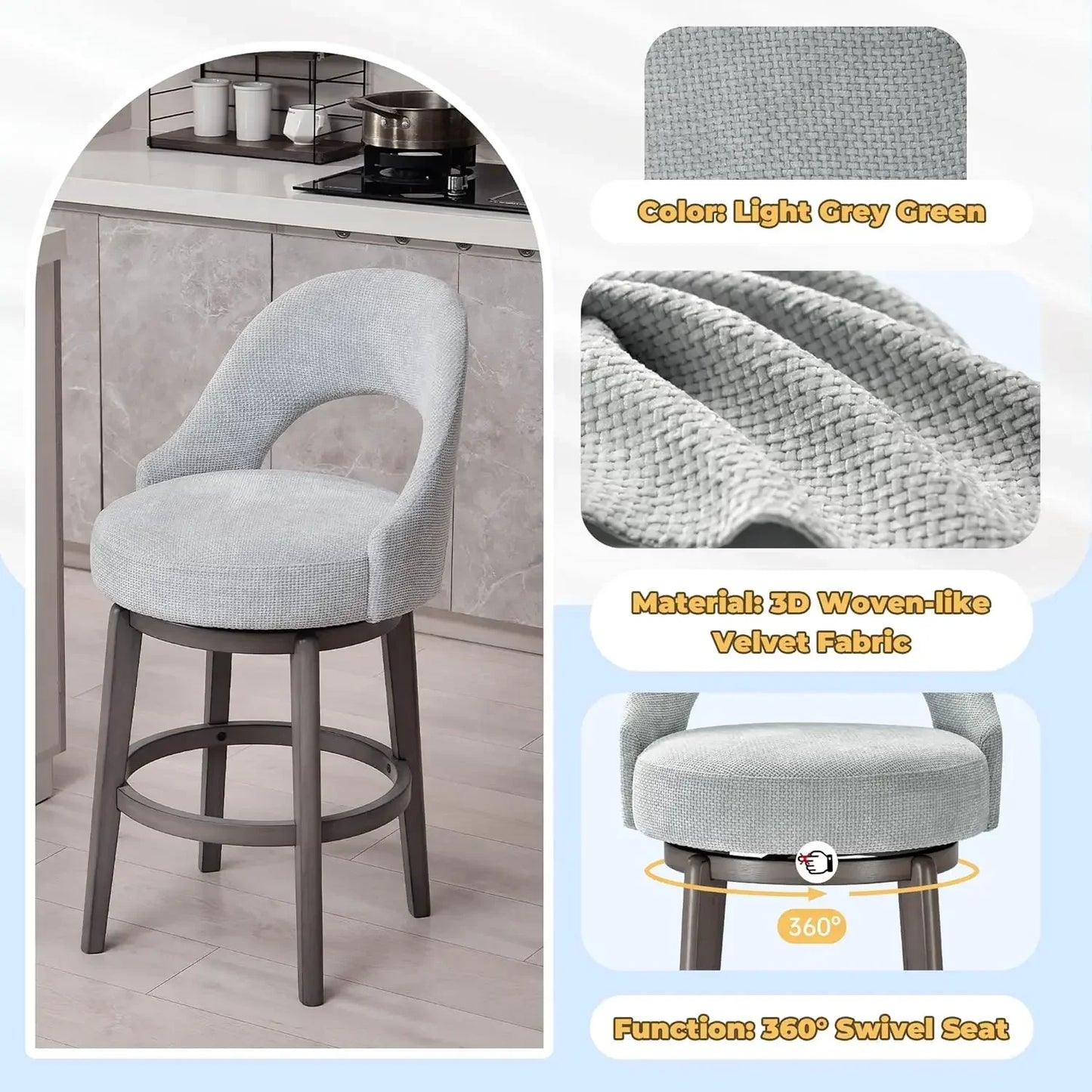Counter Height Barstools Set of 4-26" Swivel , Velvet Upholstered Bar Stool, Modern Stools for Kitchen Island & Pub, Grey Green