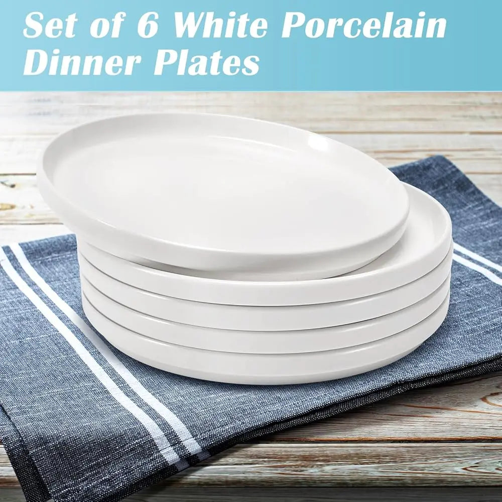 Porcelain Dinner Plates Set Of 6,8 H Round Dessert Salad Plates,White Ceramic Dinner Plate With Lipped Edges For Dessert Salad
