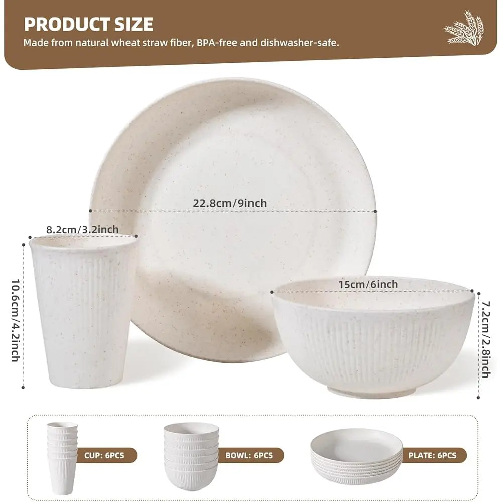 18 Pcs Wheat Straw Dinnerware Sets For 6 - Lightweight & Unbreakable Cups Plates And Bowls Sets Microwave Dinnerware Set For
