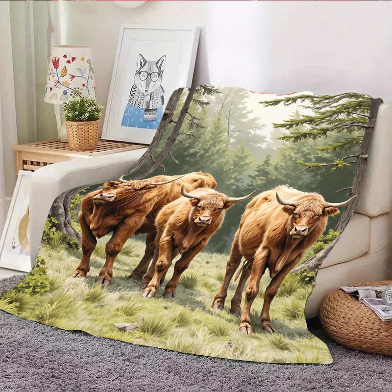 1pc Flannel Blanket Rustic Highland Cattle in Forest Scenic Blanket - Cozy Cabin Style Throw