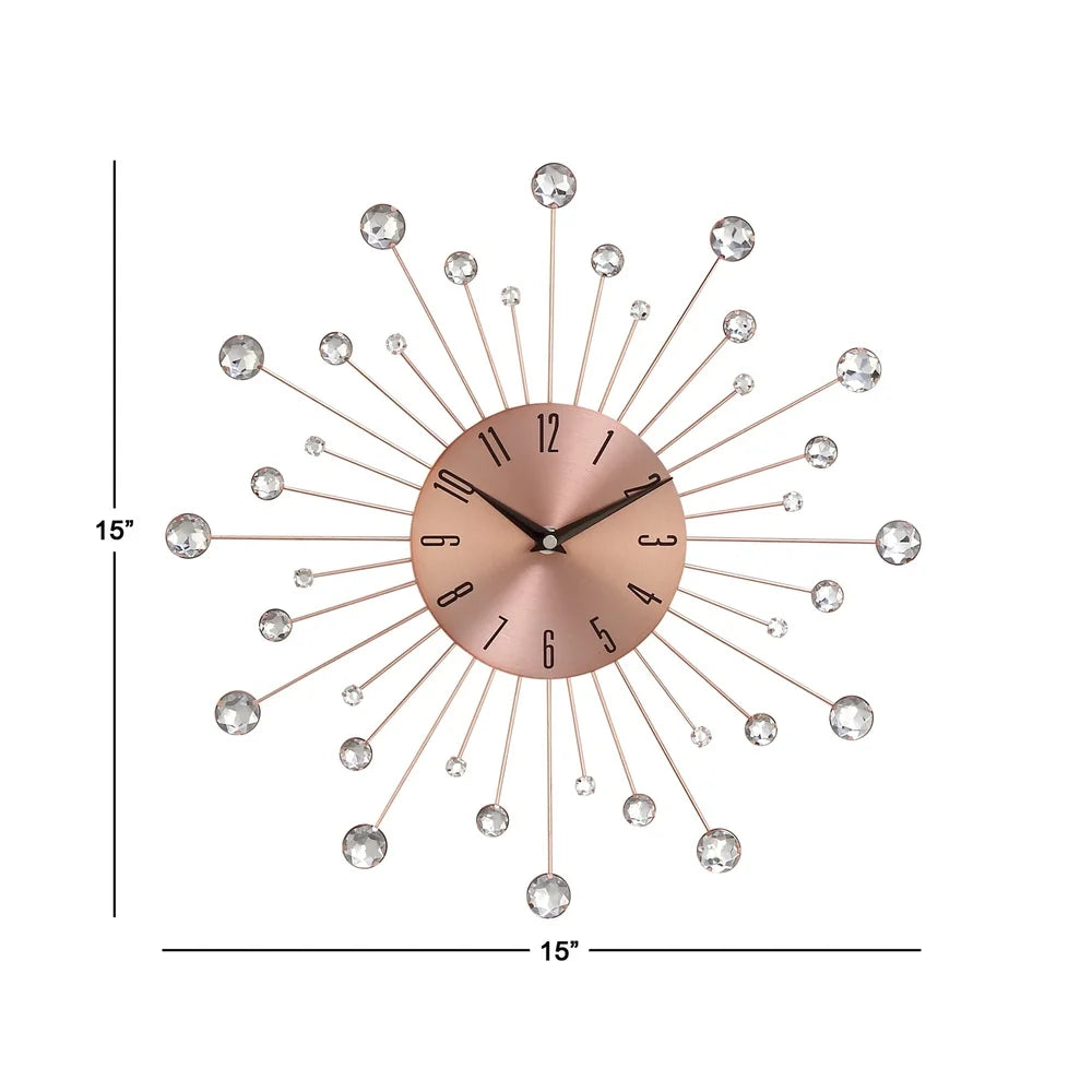 15 Inch Copper Metal Wall Clock with Crystal Accents Silent Mechanism Durable Iron Sunburst Design Gift Home Decor Indoor Use