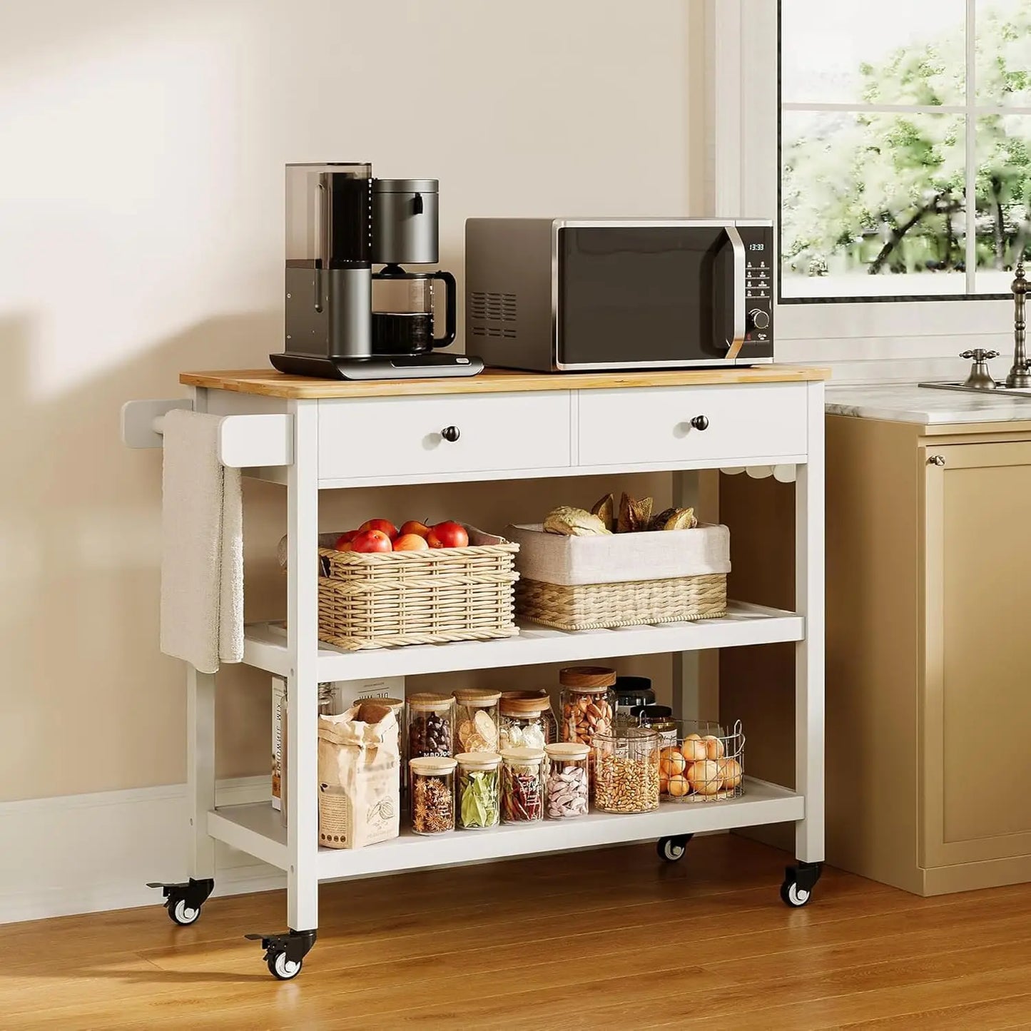 Kitchen Island Cart with Storage,40’’ Wooden Top,2 Tiers Spacious Shelves and Towel Bar, 2 Drawer Mobile Trolley Cart On Wheels