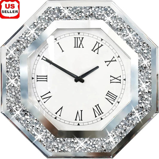 Octagon Mirror Clock Non-Ticking Wall Decor Handcrafted Diamond Accent Home Decor Silent Quartz Clock Bedroom Office Study