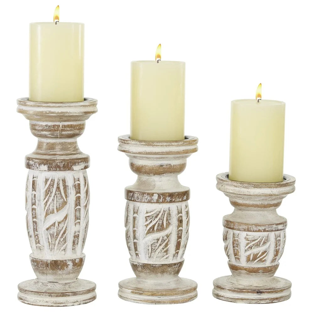 White Wash Wood Candle Holder Set of 3 Rustic Lanterns Centerpiece Home Decor Elegant Tabletop Accent Pillar Holder