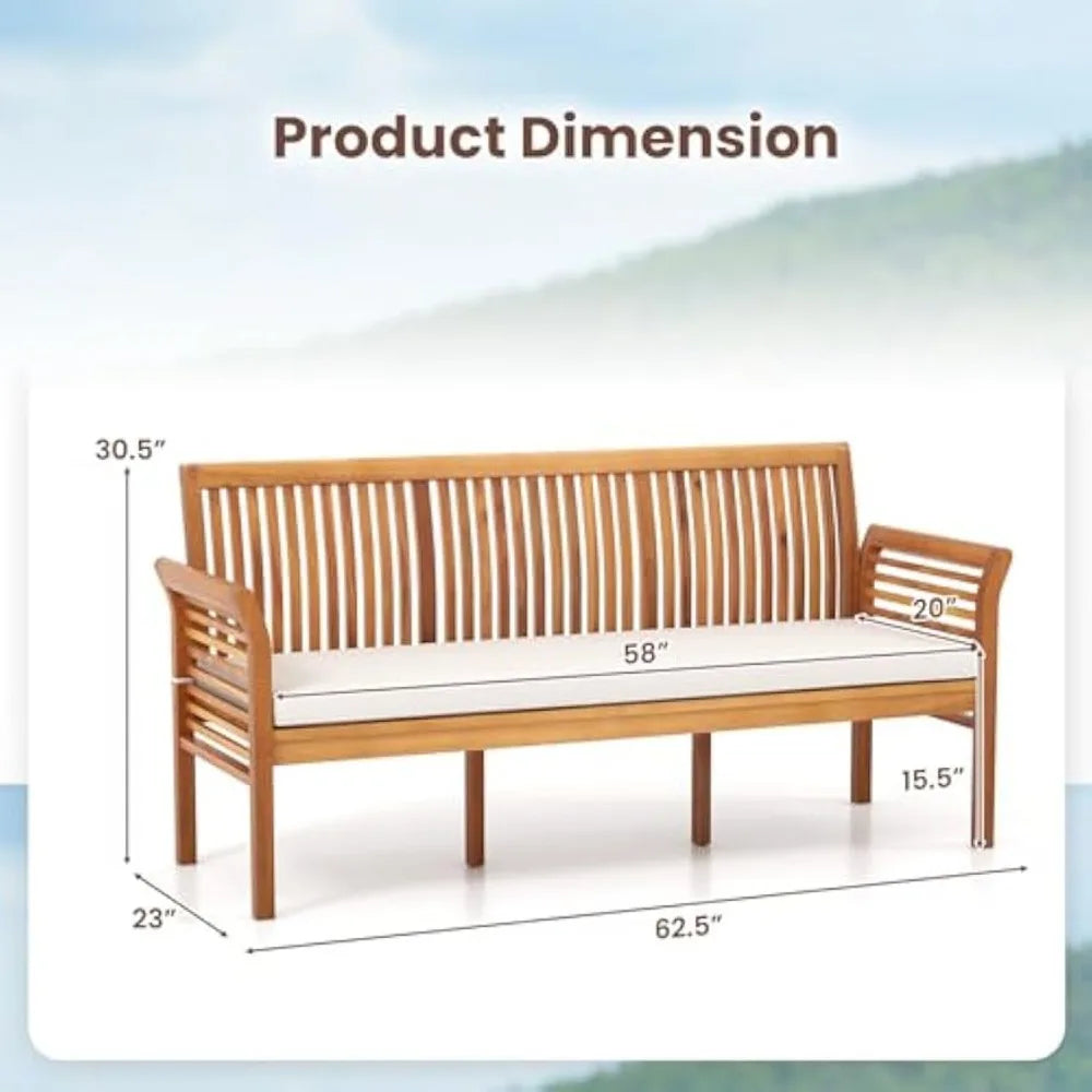 62.5’’ Outdoor Bench Acacia Wood - 3-Person Patio Bench w/Backrest, Armrests & Removable Seat Cushion, Slatted Wooden Garden Be