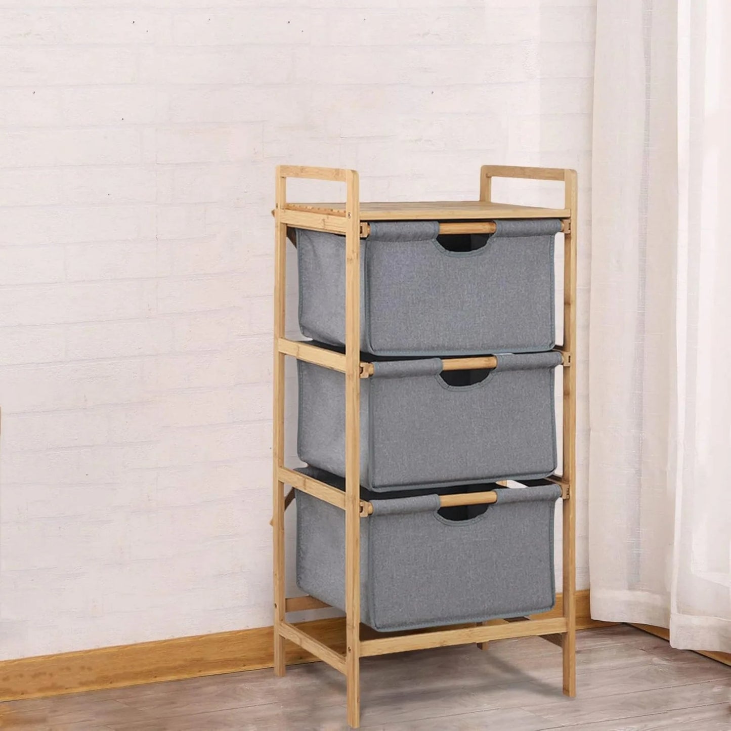 3 Tier Bamboo Laundry Hamper with Shelf, Pull-Out Sorter Basket Freestanding Storage Laundry Shelf for Bathroom Room Bedroom