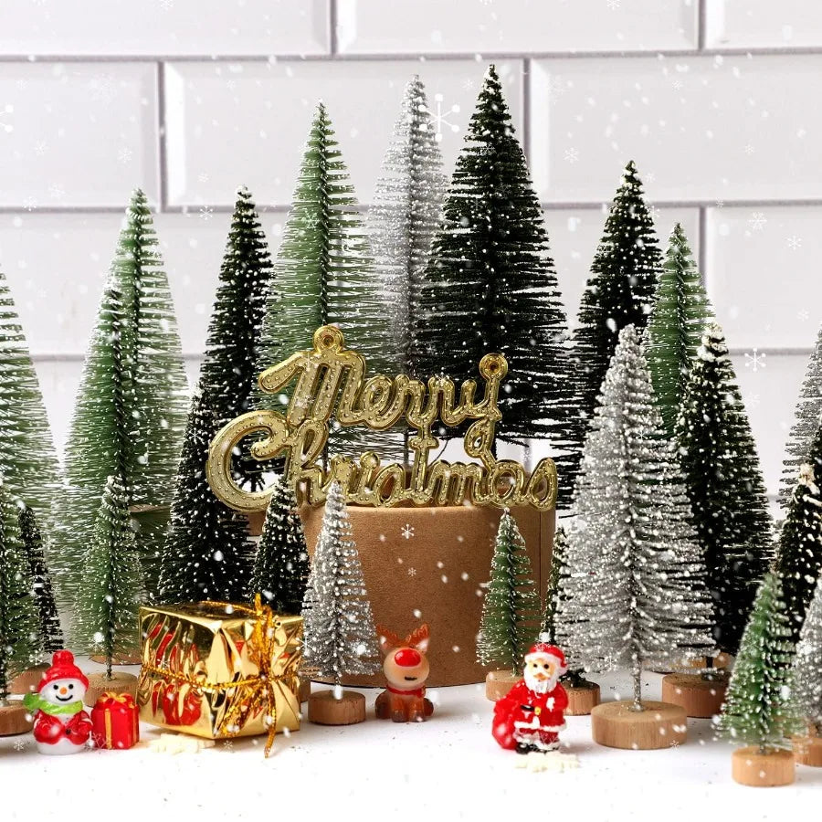 30Pcs Christmas Decorations Mini Christmas Trees Artificial Christmas Tree Bottle Brush Trees with Wooden Base for Christmas De