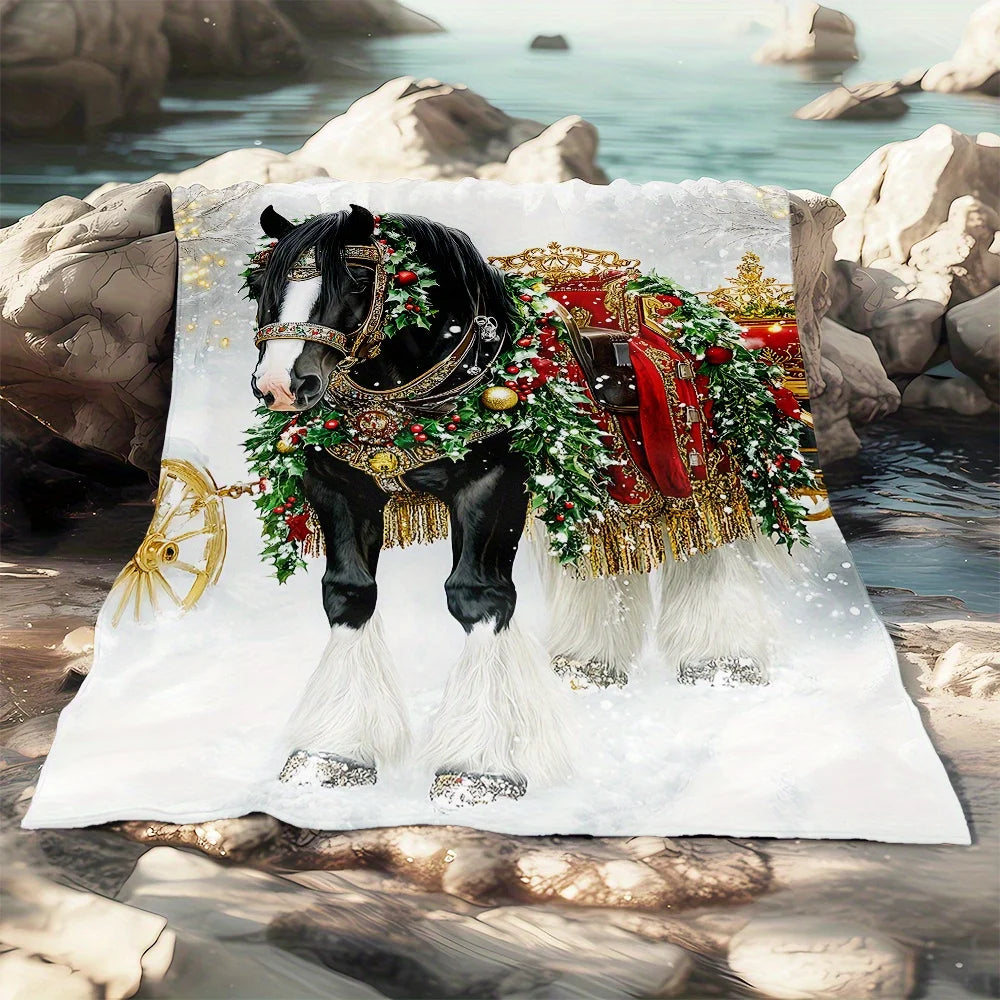 Soft and Warm Festive Christmas Horse Print Fleece Blanket - 1pc, Lightweight Flannel Throw for Home, Travel, Camping