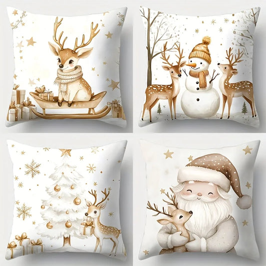 4pcs Set, Christmas Pillowcase, Golden Christmas Series Pillowcase, 17.7"*17.7", Single Side Print, Christmas Decoration, Sofa W