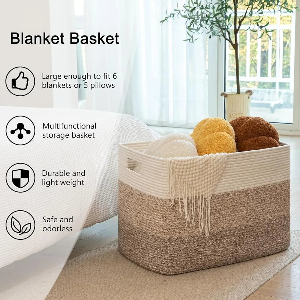 Large Cotton Rope Storage Basket Blanket Toy Organizer Woven Basket with Handles Living Room Nursery Bedroom Laundry