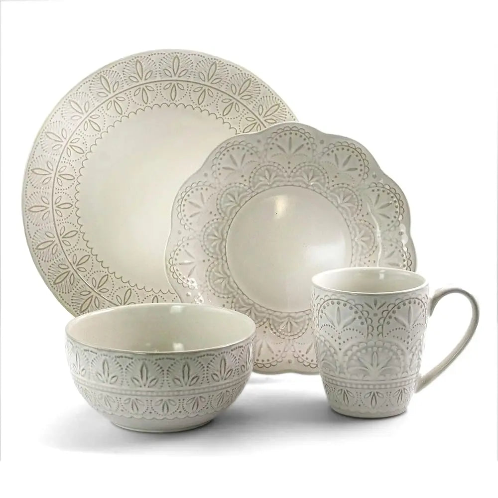 Elegant Round Emed Stoneware High Class Dinnerware Dish Set, 16 Piece, White