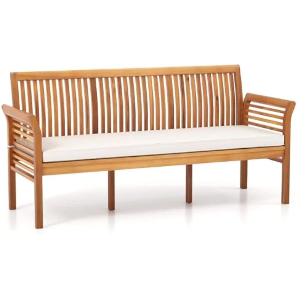 62.5’’ Outdoor Bench Acacia Wood - 3-Person Patio Bench w/Backrest, Armrests & Removable Seat Cushion, Slatted Wooden Garden Be