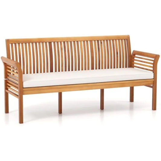 62.5’’ Outdoor Bench Acacia Wood - 3-Person Patio Bench w/Backrest, Armrests & Removable Seat Cushion, Slatted Wooden Garden Be
