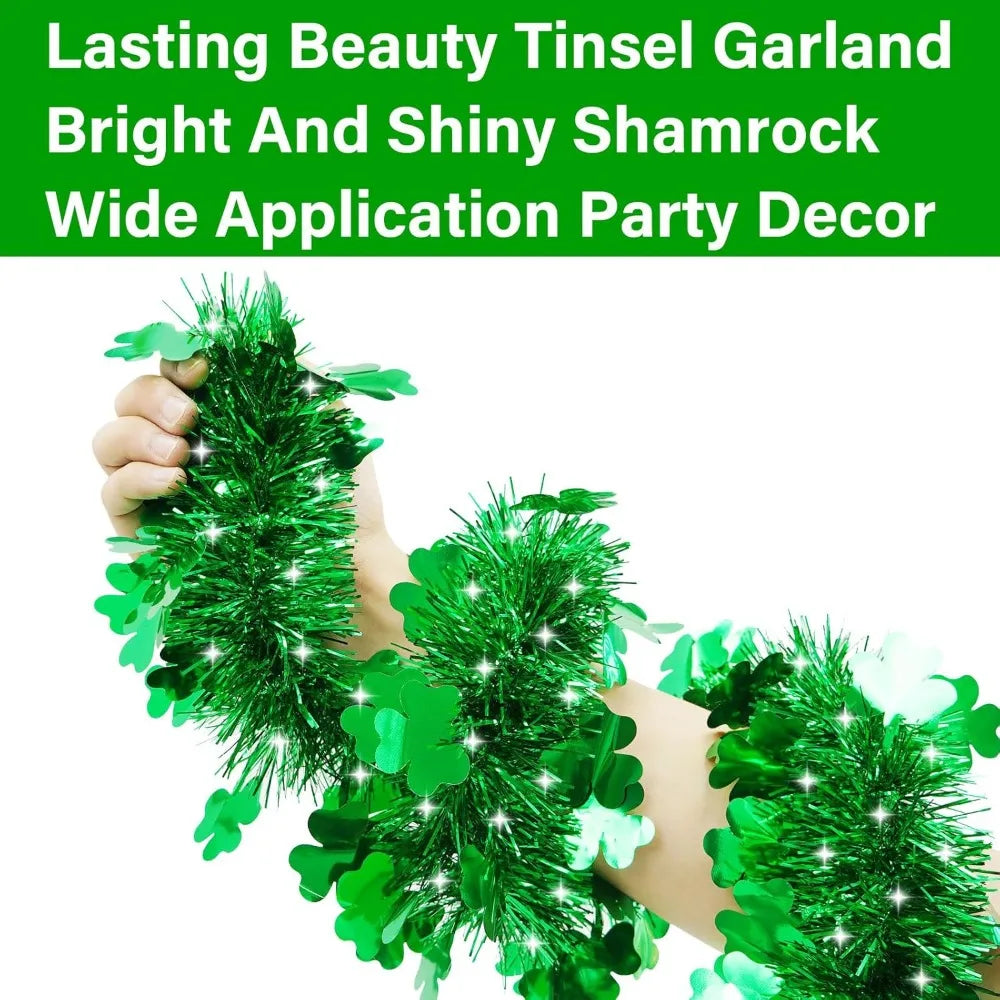 33 FT St Patricks Day Tinsel Garland St Patricks Day Decorations Shamrock Garland Clover Green Twist Metallic Hanging St Patrick