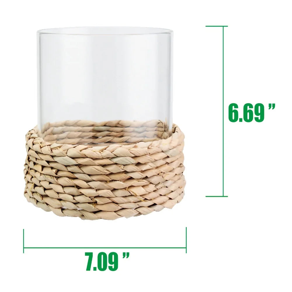 2 Pack Decorative Hurricane Candle Holder Woven Hyacinth Reed Pillar Style Home Decor Accent Gift