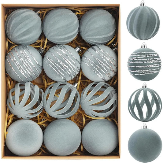 Elegant Christmas Ornaments Set of 12 3.15Inch Flocked Velvet Balls with Hand Painted Designs in Dusty Blue Perfect for Holiday