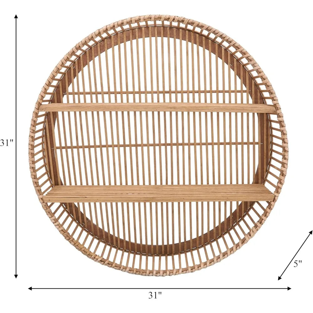 Bamboo Wall Shelf - Boho Decorative Round Floating Shelves - Rustic Hanging Storage Organizer for Home, Office, Bedroom, Living