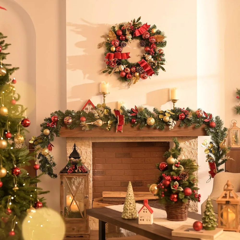 Illuminated Christmas Garland with Red and Gold Balls and Ribbons, 9 Feet Long for Mantle and Outdoor Holiday Decorations