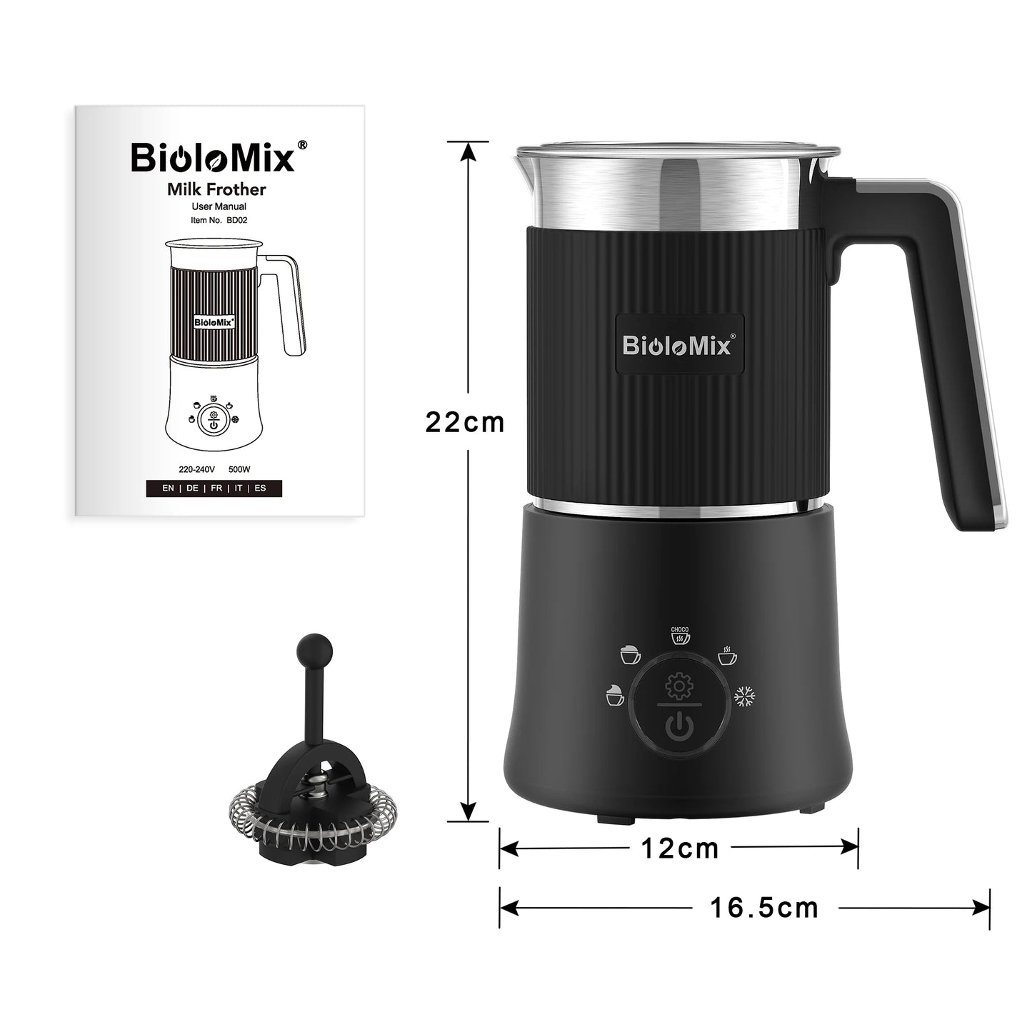 BioloMix 5-in-1 Detachable Milk Frother and Steamer，Automatic Hot/Cold Foam and Hot Chocolate Maker ,Dishwasher Safe