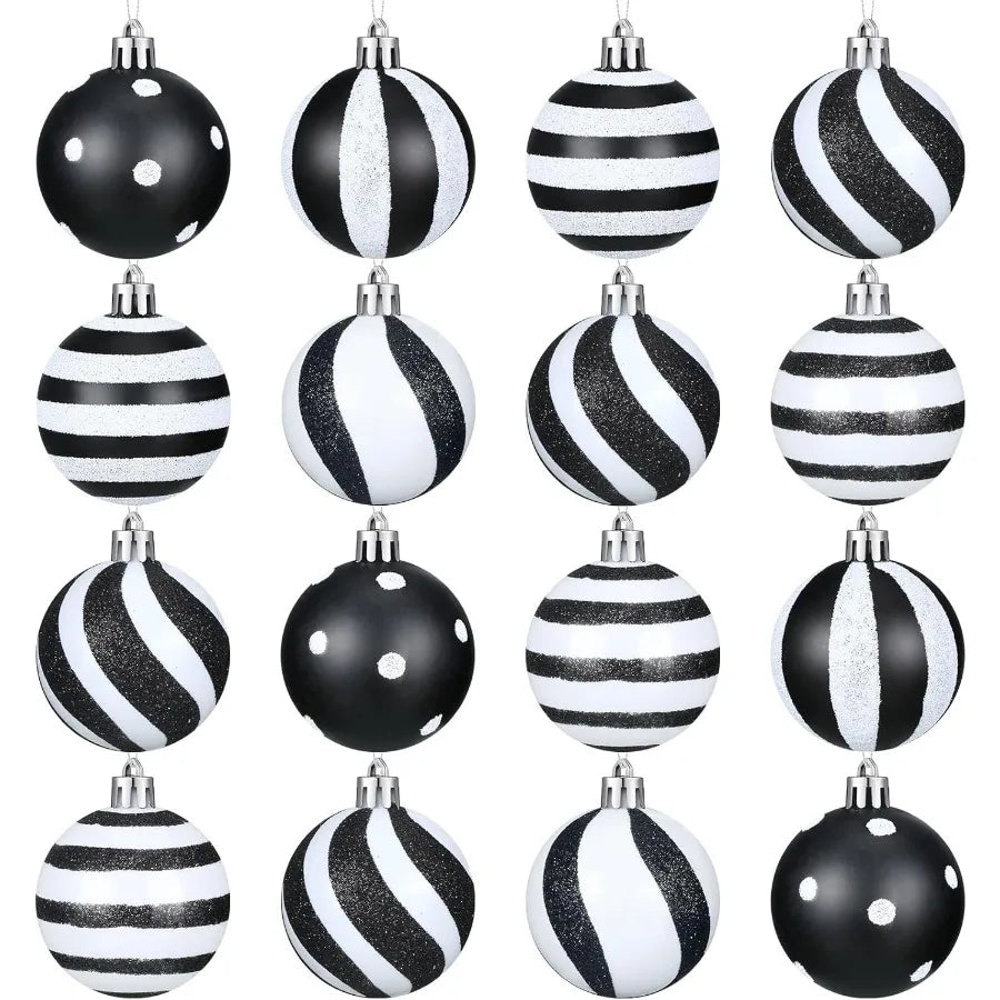 24 Pcs Christmas Black and White Ball Ornaments with Stripe Dot Design for Holiday Tree and Party Decoration Supplies 3.15 Inch