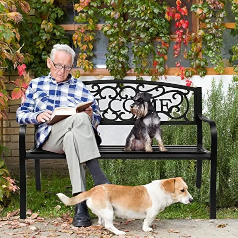 Outdoor Bench with PVC Back Pattern, Metal Garden Bench Black Steel Welcome Bench for Patio, Porch, Deck, Yard, Lawn Deco
