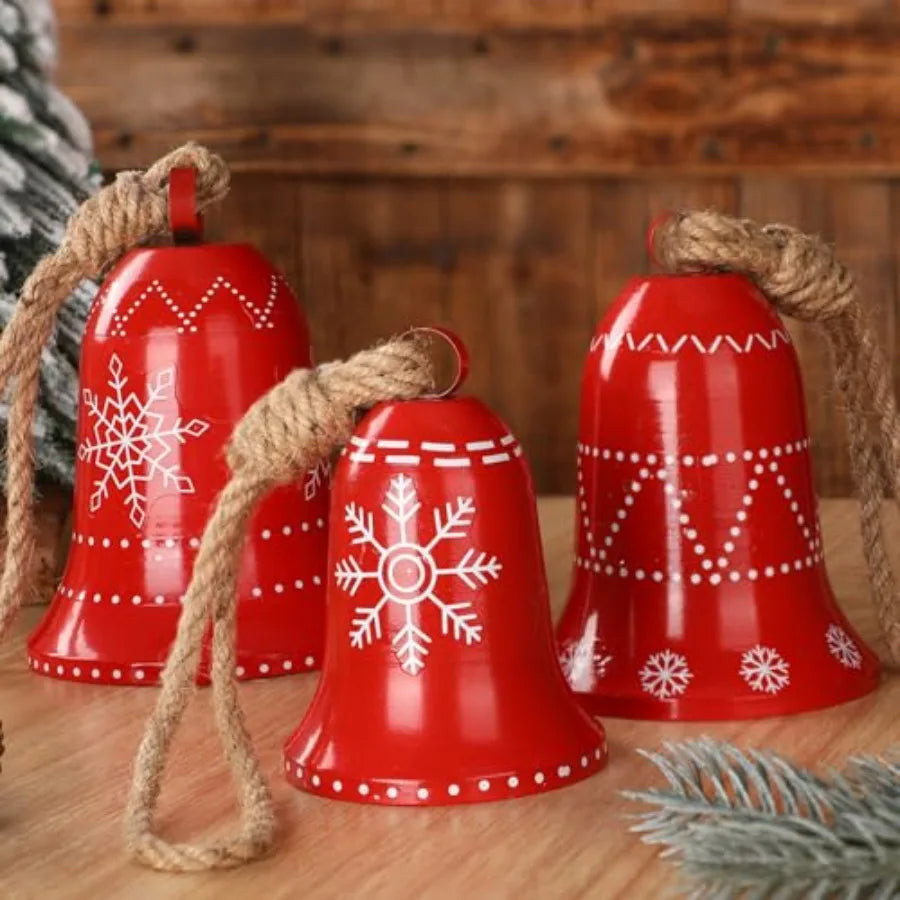 3 Set Christmas Snowflake Cow Bells Decor Large Red Metal Bell Ornaments for Rustic Holiday Outdoor Home Decoration Winter Wind
