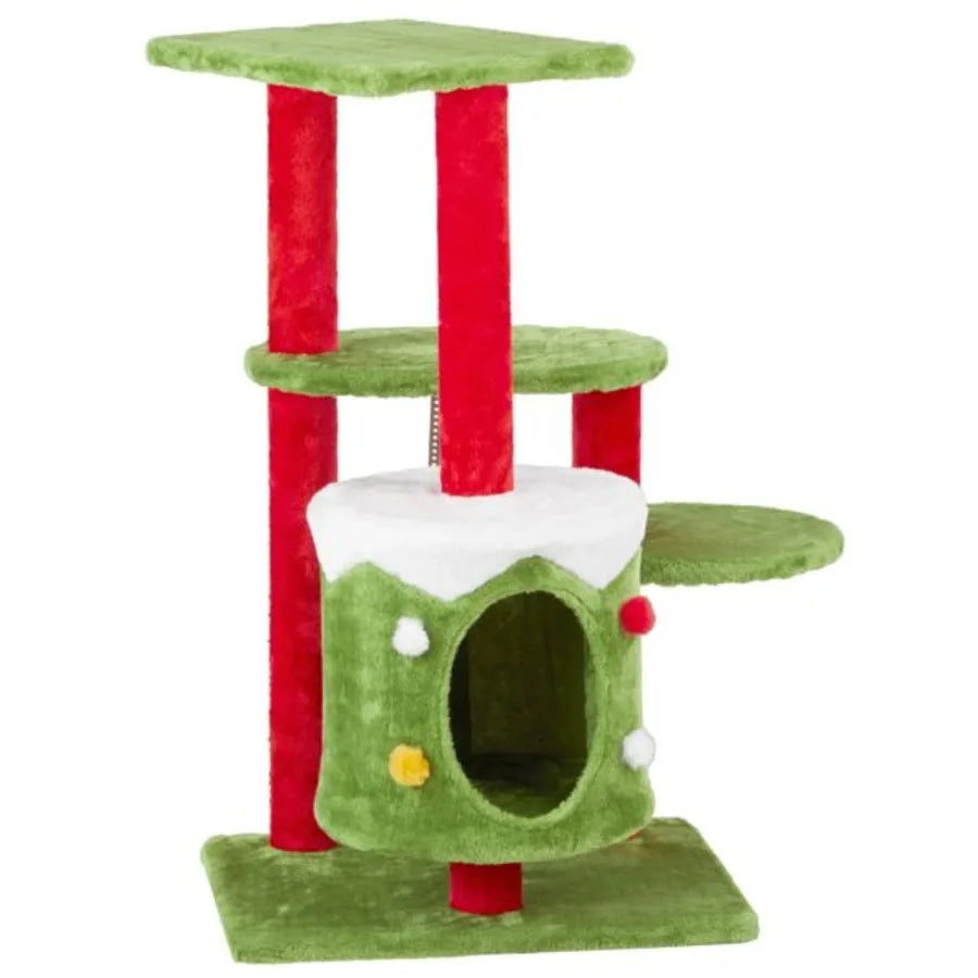 32in Christmas Themed Cat Tower with Cat Condo 3Level Plush Cat Tree Activity Center for Indoor Cats