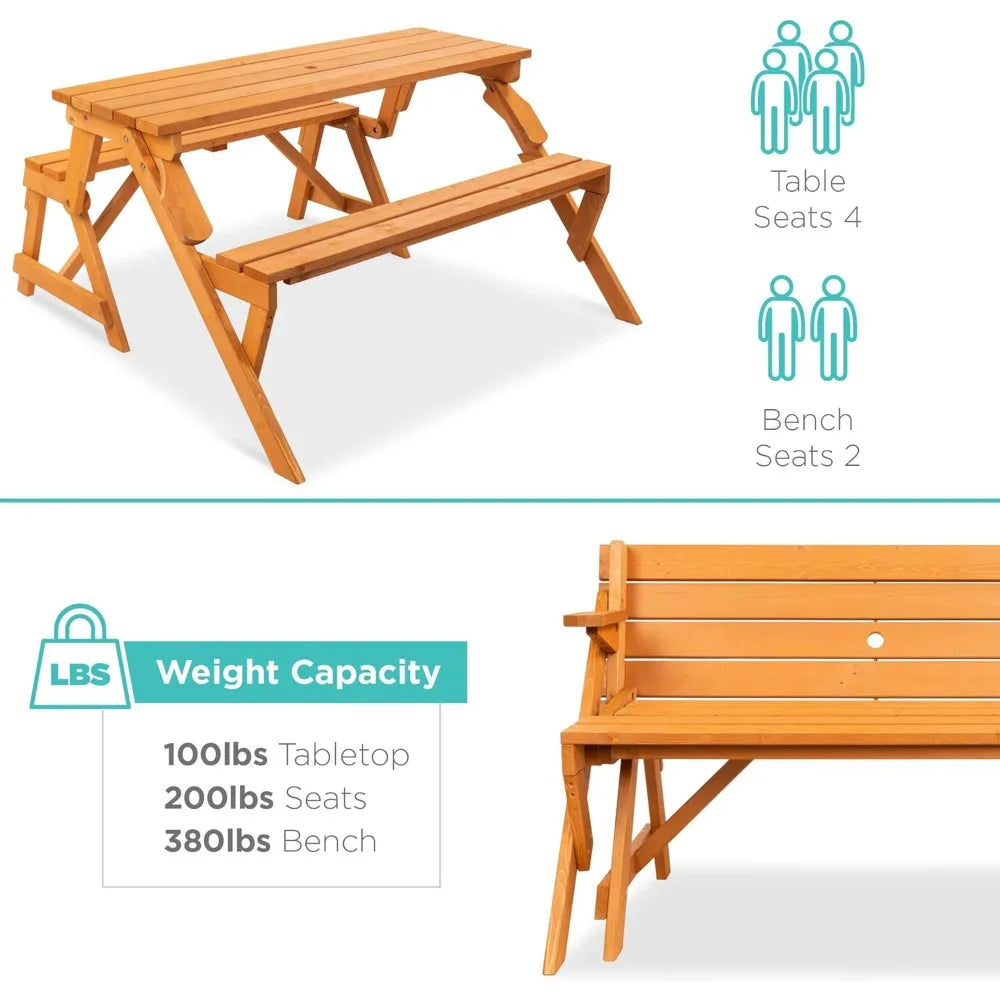 2-in-1 Transforming Interchangeable Outdoor Wooden Picnic Table Garden Bench for Backyard, Porch, Patio, Deck w/Umbrella Hole -