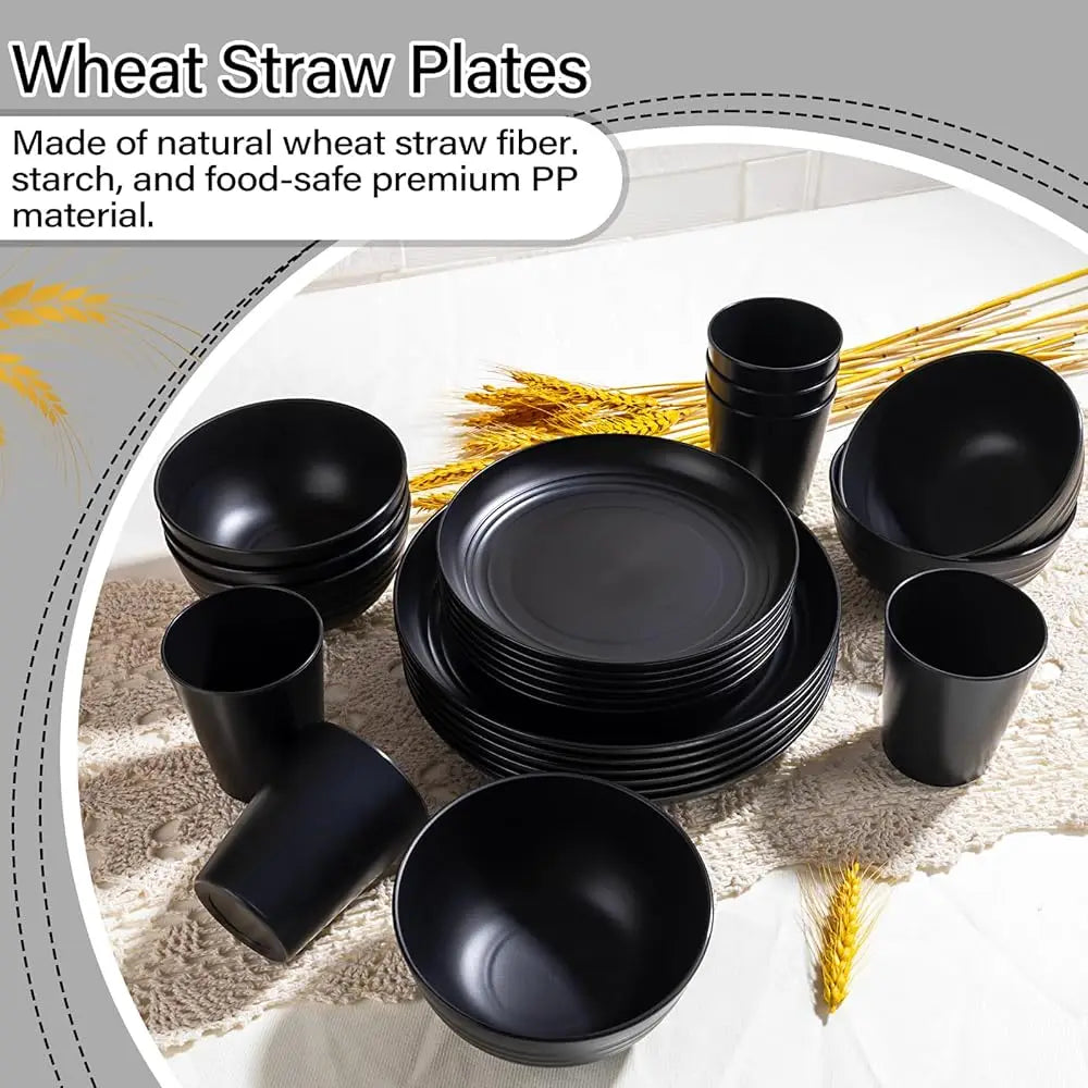Liyh 24Pcs Wheat Straw Dinnerware Sets Unbreakable Dinner Plates And Bowls Set Bla Plastic Dinnerware Set Lude 12Pcs Wheat