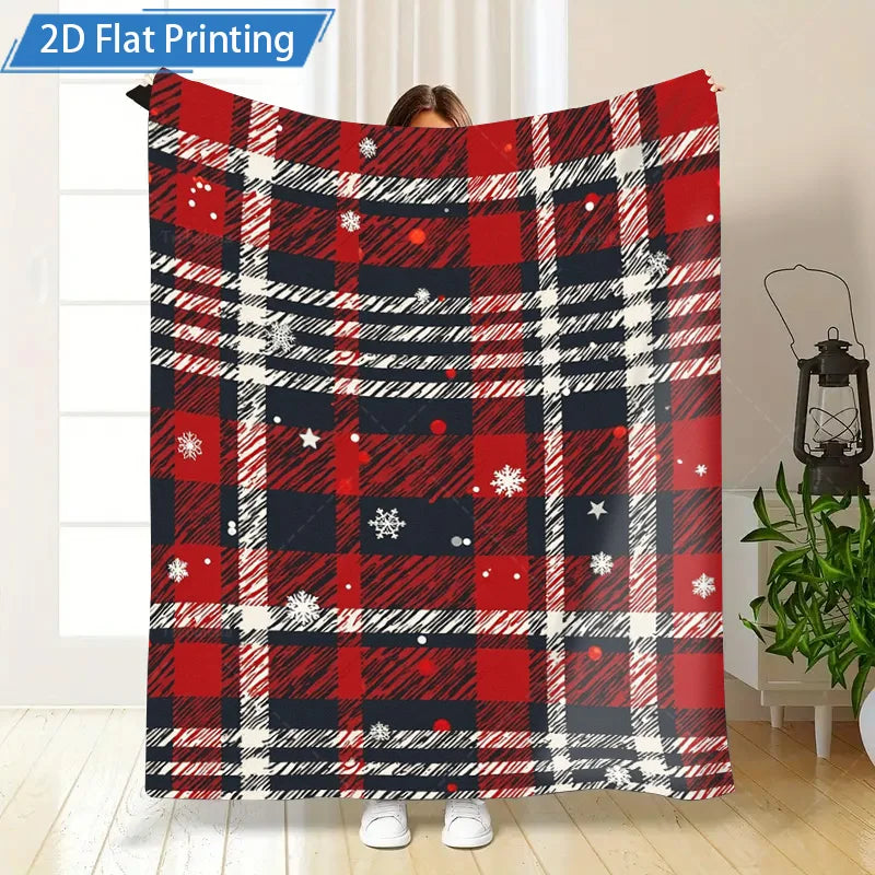 1pc Flannel Blanket Christmas Plaid Fleece Blanket Red Black White Snowflake Pattern Cozy Winter Throw for Sofa Bed Home Decor