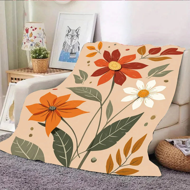 1pc Flannel Blanket Autumn Floral Throw Blanket - Cozy Home Decor with Orange and White Flowers
