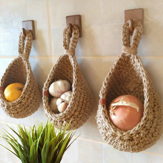 1PC Hanging Fruit Basket Boho Jute Hanging Organizing Baskets Handwoven Decorative Kitchen Fruit Vegetable Storage Baskets