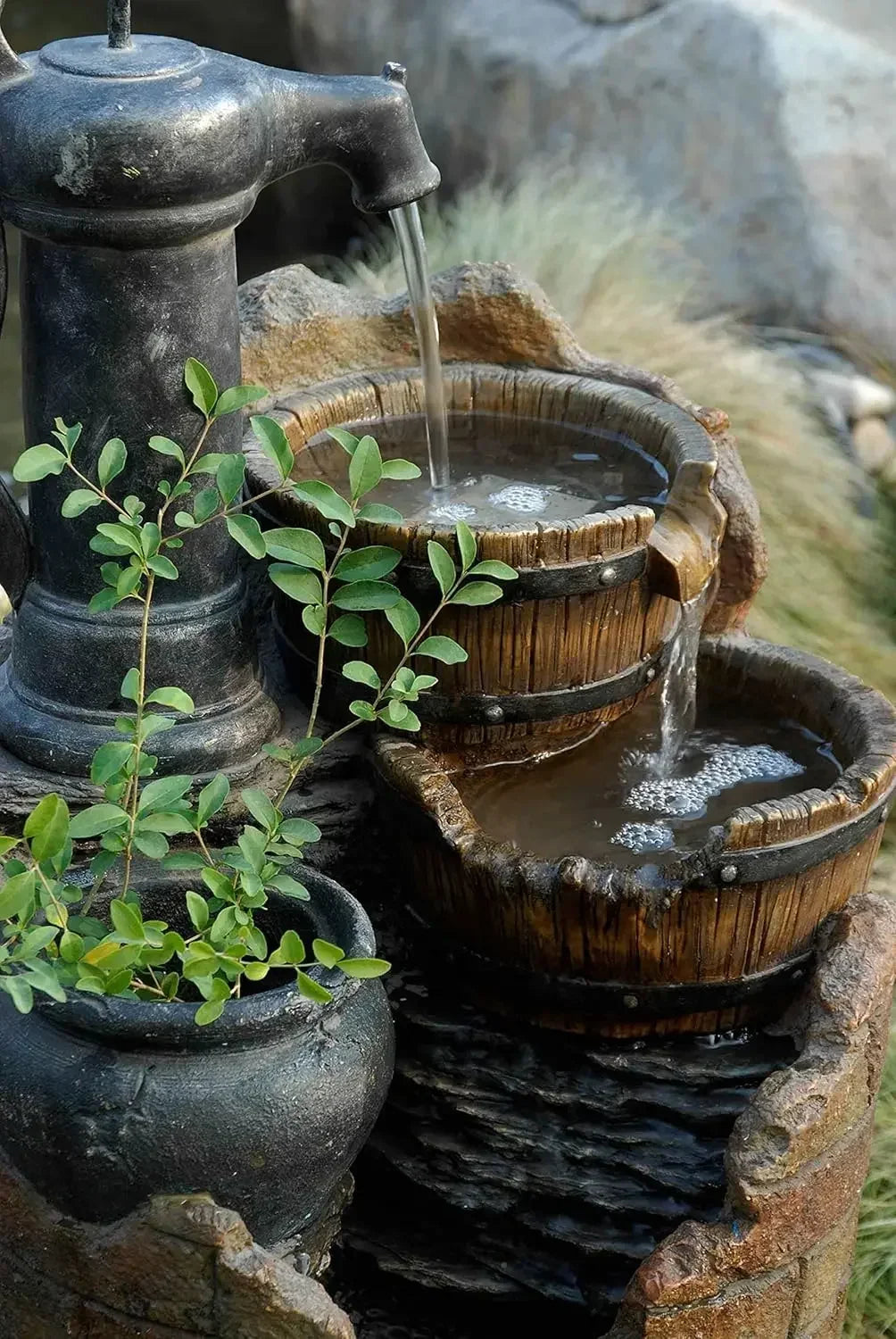 XMSJ-Glenville Water Pump Cascading Water Fountain, Brown/Black