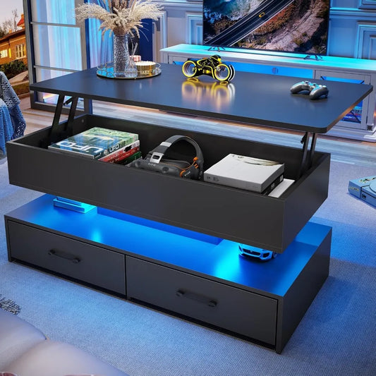 40" Lift Top Coffee Table, Coffee Tables with Storage for Living Room, Small Coffee Table with 2 Drawers & LED Light for Dining