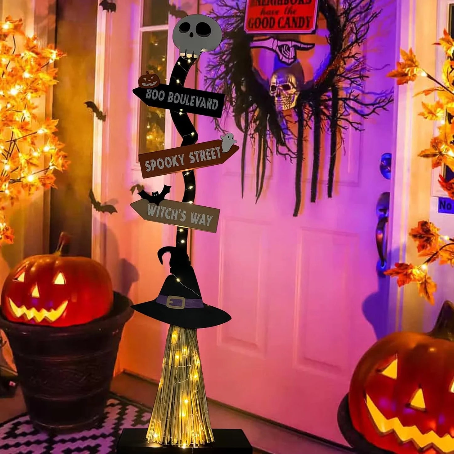 Lighted Halloween Wooden Witch Broom for Indoor Outdoor Porch Yard Decor Spooky Light up Halloween Witch Decorations Sign
