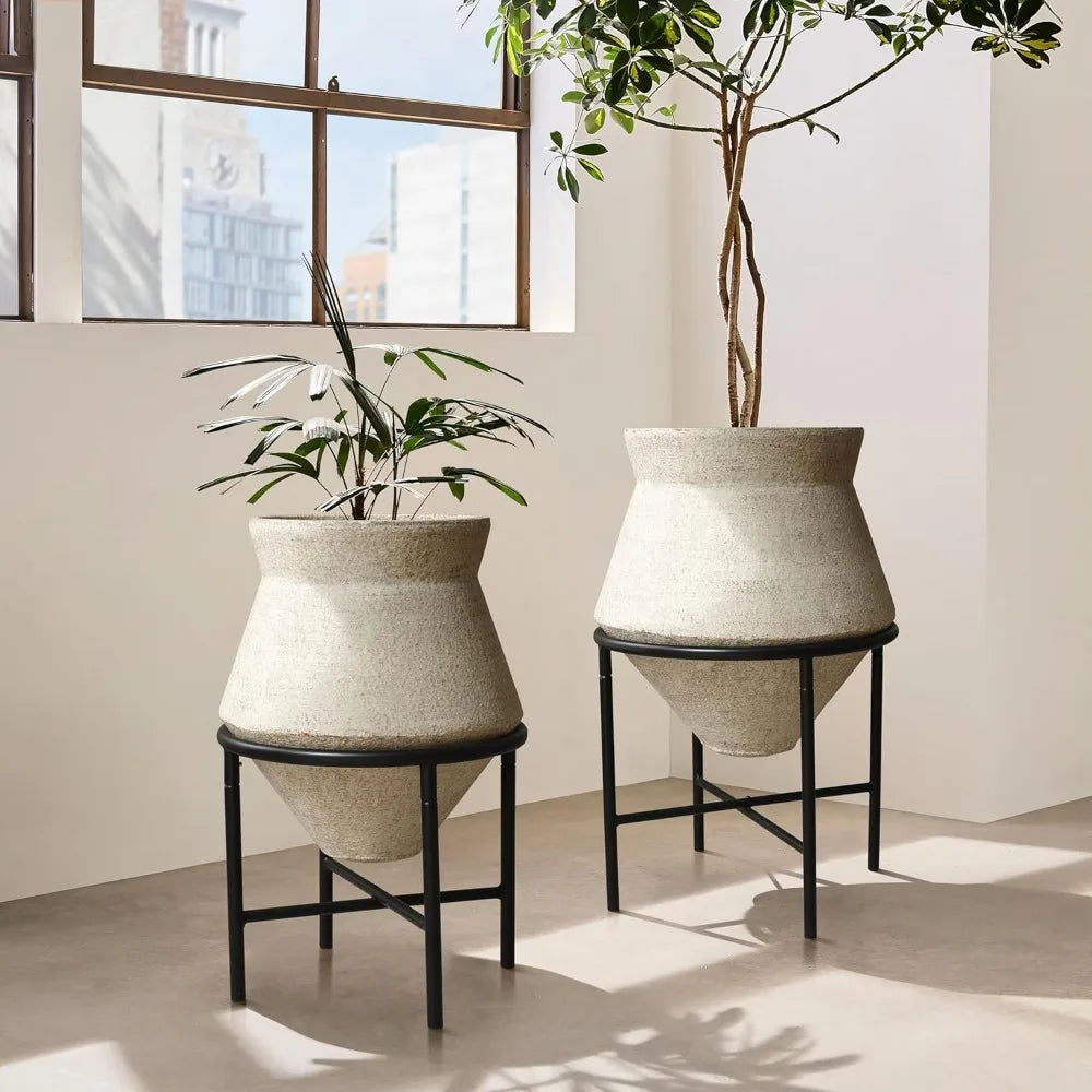 LuxenHome Planters for Indoor Plants, Set of 2 Indoor Plant Pots, Novelty Decorative Planters with Black Metal Stands, Distresse