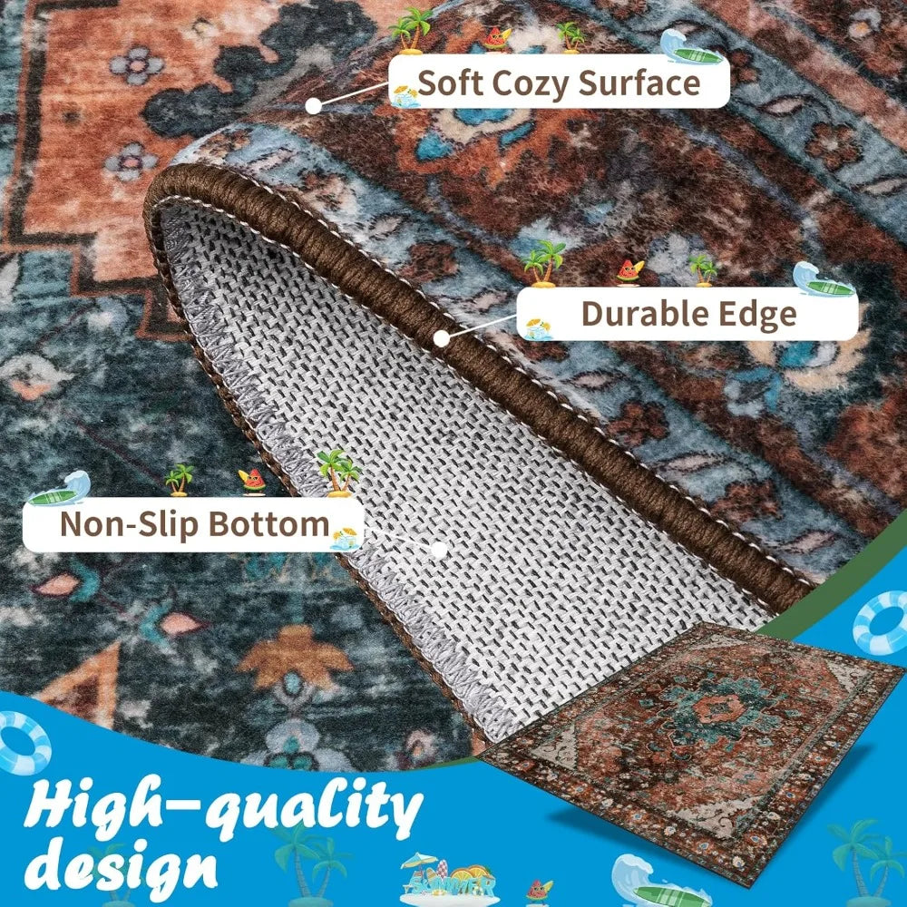 Ciicool Boho Area Rug 4x4ft Round Washable Bedroom Non-Slip Vintage Entryway Throw Low-Pile Indoor Carpet for Living Room Foyer(